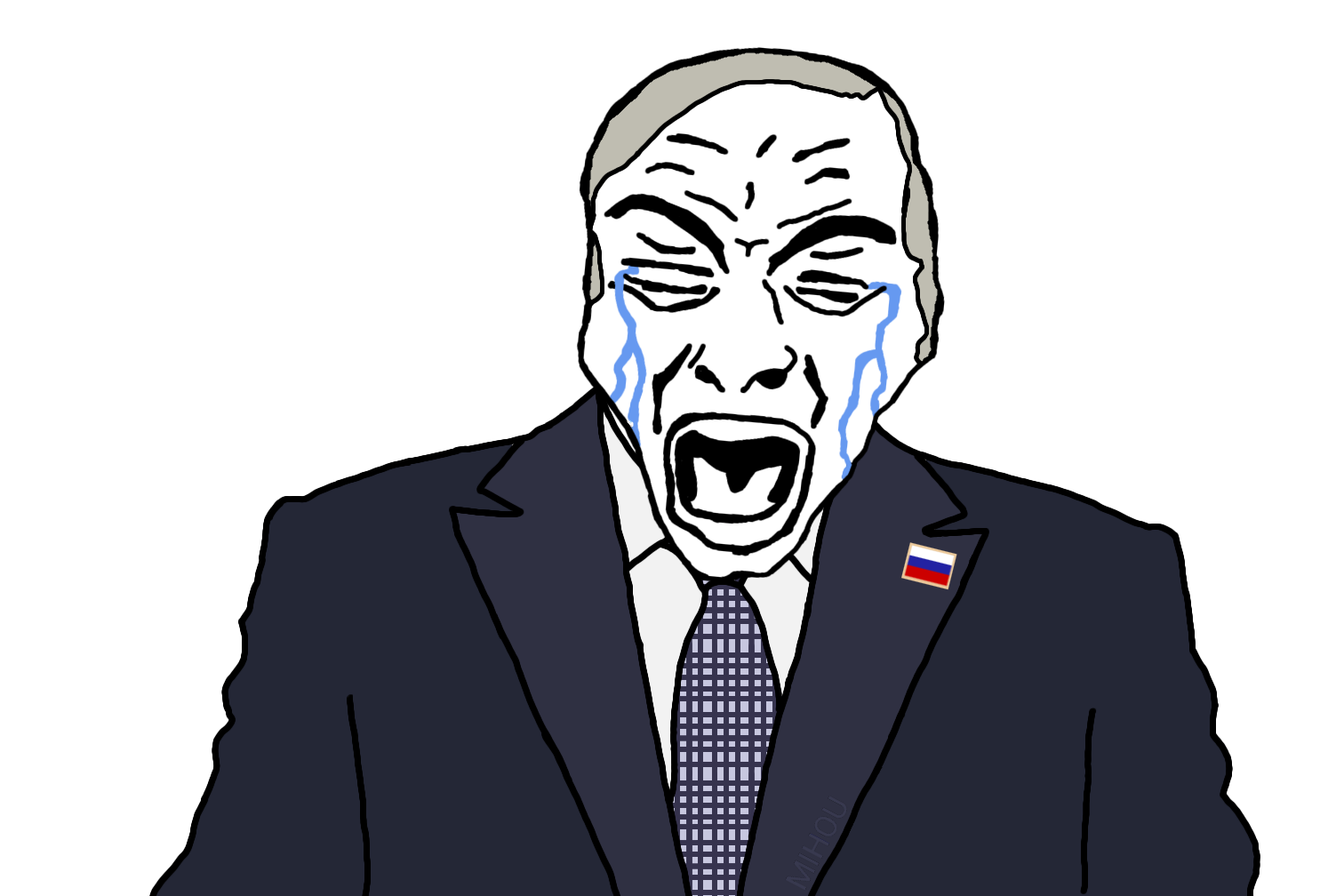 rupturejak, 1soyjak, closed eyes, clothes, crying, front view, gray hair, half body, no beard, no glasses