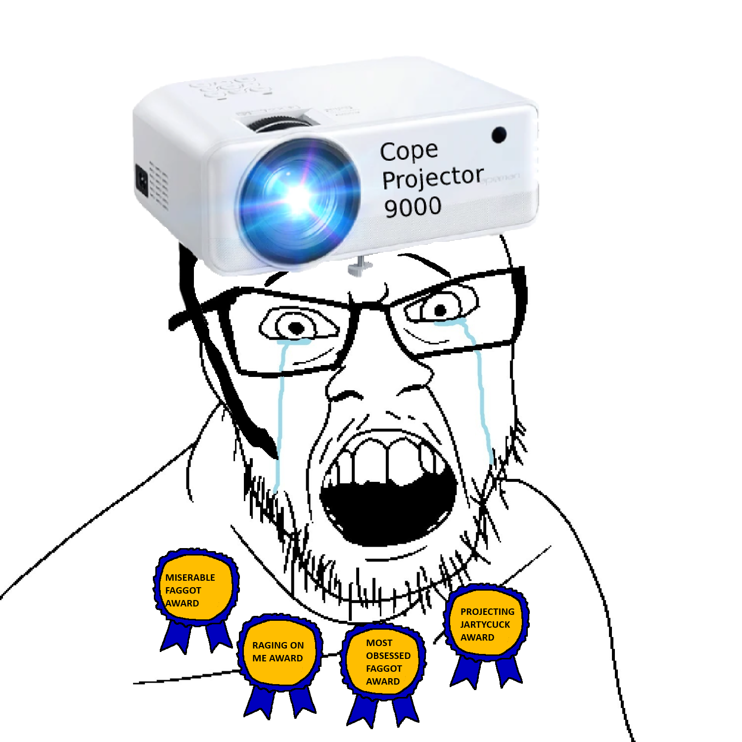 feraljak, 1soyjak, award, cope projector 9000, crying, front view, glasses, looking at you, miserable, obsessed