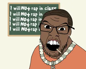 feraljak, angry, brown hair, brown skin, chalkboard, clothes, earring, glasses, hair, i will not rap in class