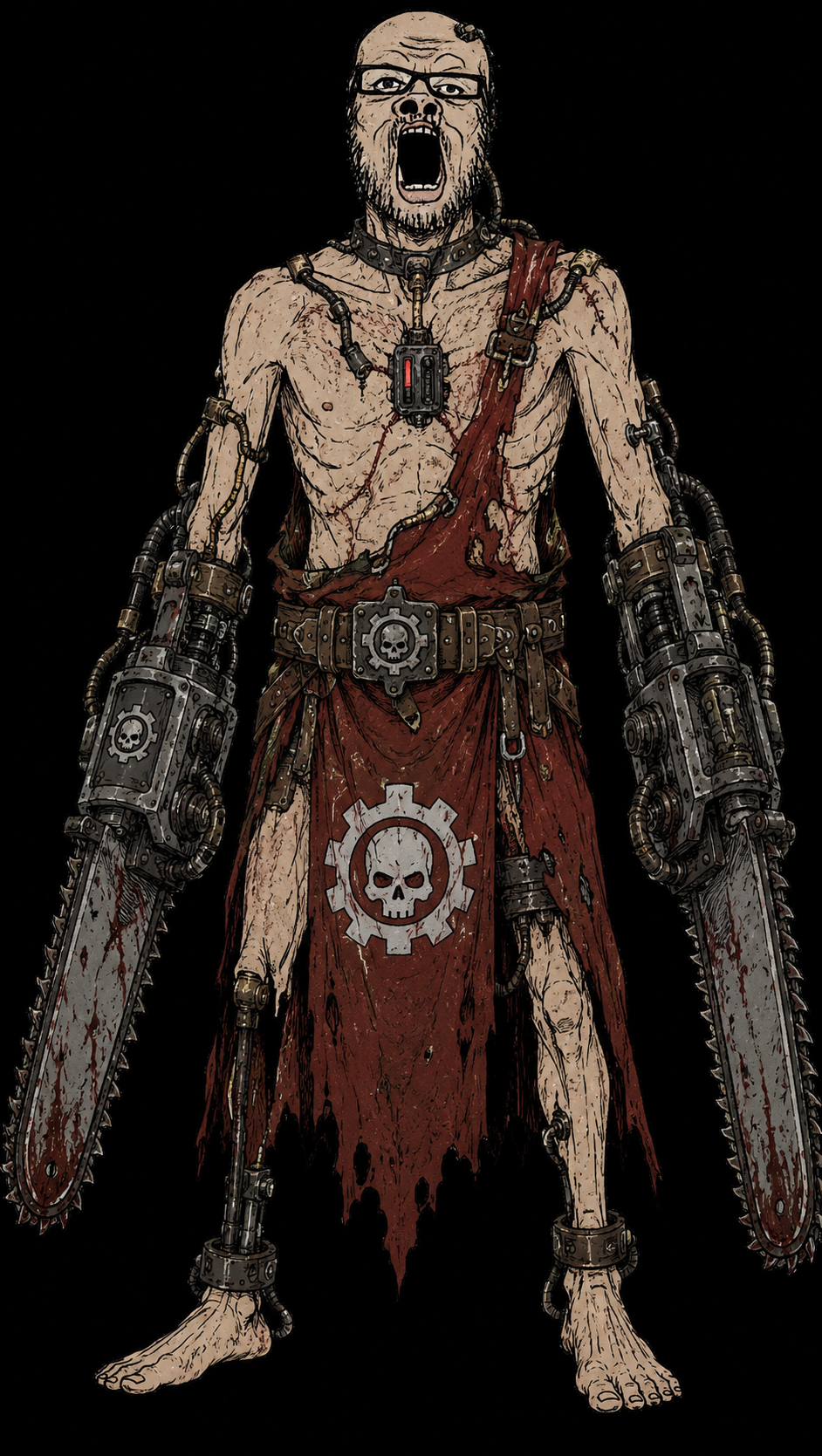 a24 slowburn soyjak, 1soyjak, bald, black background, chainsaw, cybernetic, cyborg, full body, open mouth, screaming