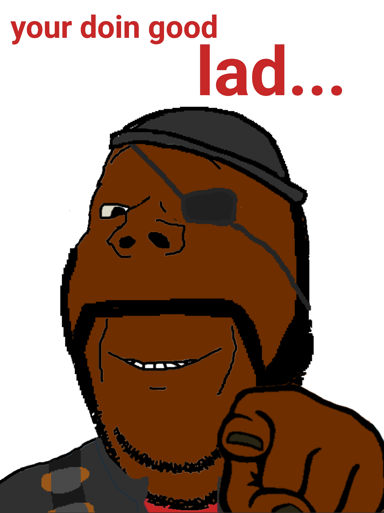 demoman (team fortress 2), gapejak, wholesome soyjak, 1soyjak, beanie, black hair, brown skin, closed mouth, clothes, demoman