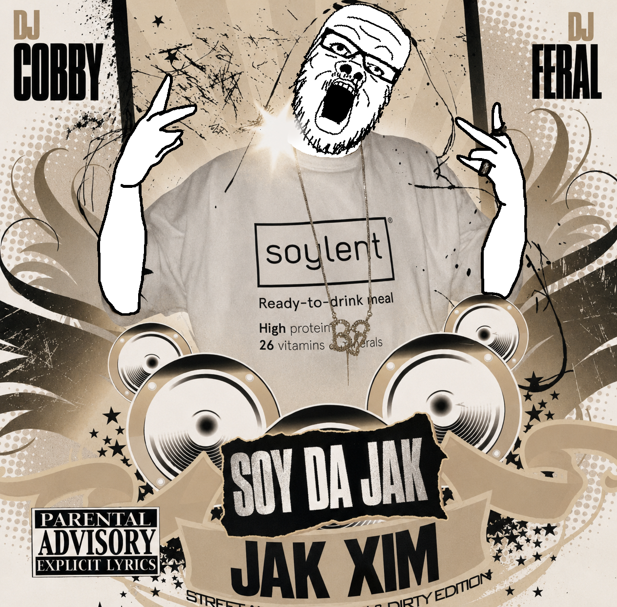 a24 slowburn soyjak, a24, album, album cover, bald, clothes, drink, front view, glasses, half body