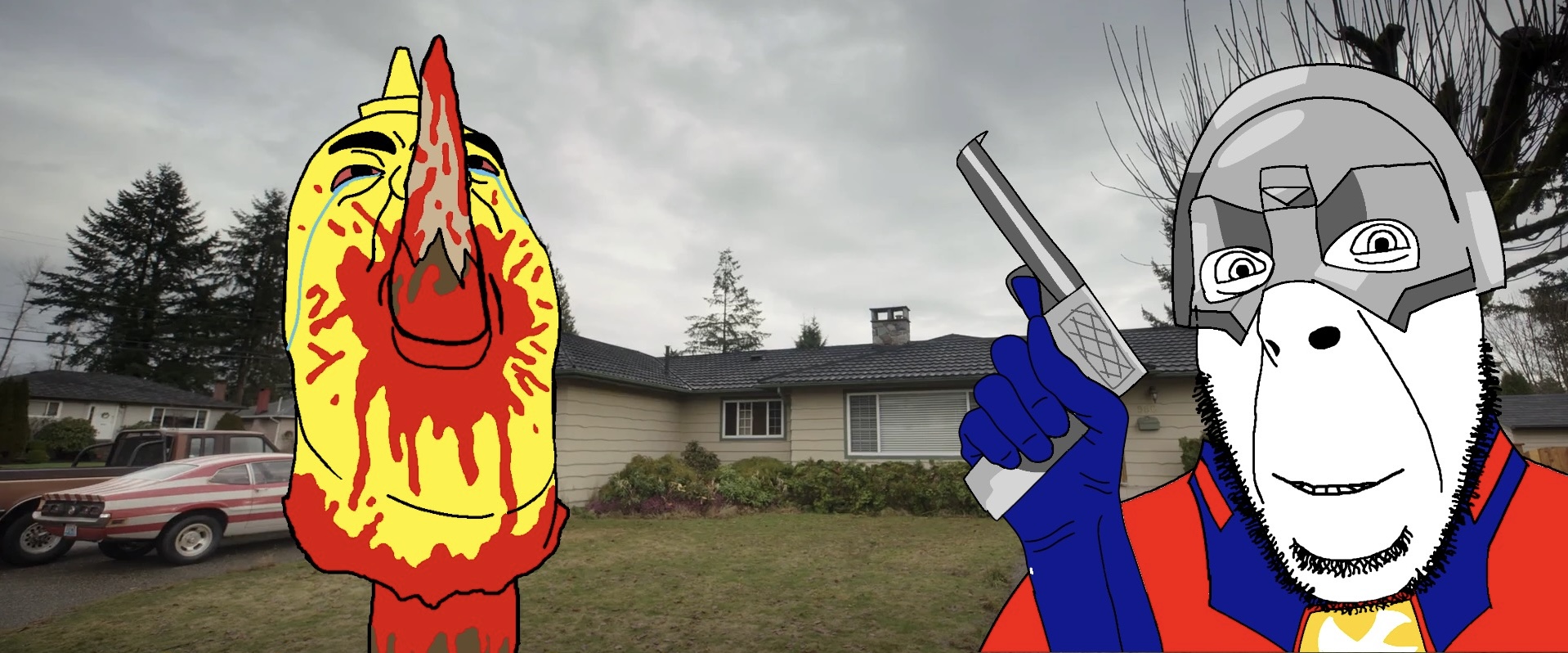 peacemaker, cobson, hydejak, 2soyjaks, antihero, bald, car, cloudy, condiment, crying