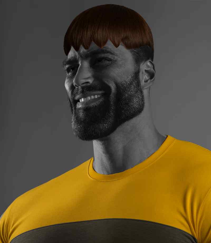 gigachad, lars, 1nas, beard, black and white, brown hair, buff, gray skin, hair, half open mouth