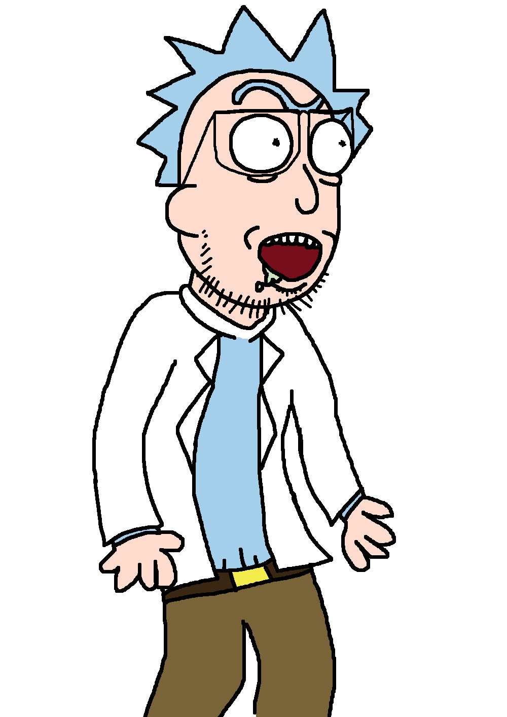 rick, rick sanchez, roiland, 1soyjak, arms, belt, belt buckle, black eyes, blue eyebrows, blue hair