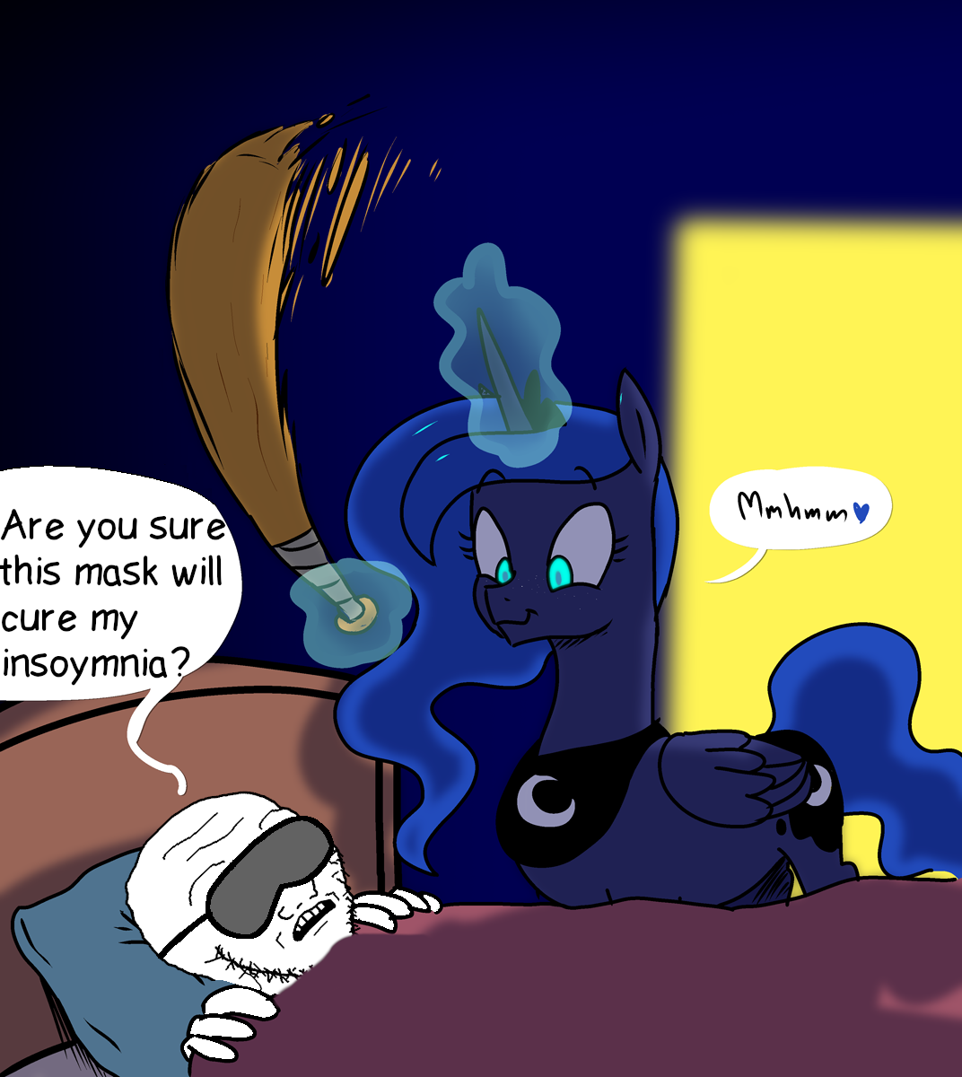 princess luna, soyak, soyak (concerned), 1soyjak, aliased, animal, bald, baseball bat, bed, blue coat