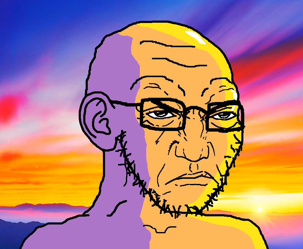 soyak, sunset soyak ears, punoon face, 1soyjak, angry, bald, closed mouth, forehead lines, glasses, golden hour
