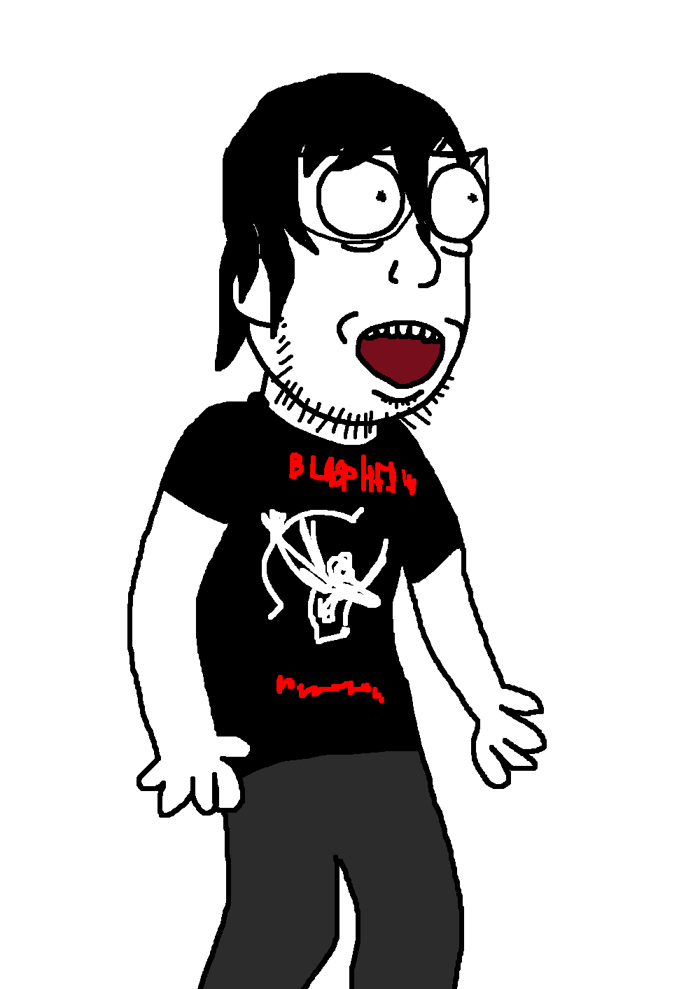 roiland, album, album cover, band, black hair, black pants, black shirt, blasphemy, blasphemy (band), cartoon