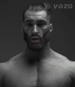 gigachad, animated, beard, black hair, buff, gray eyes, gray skin, hair, masturbation, moaning