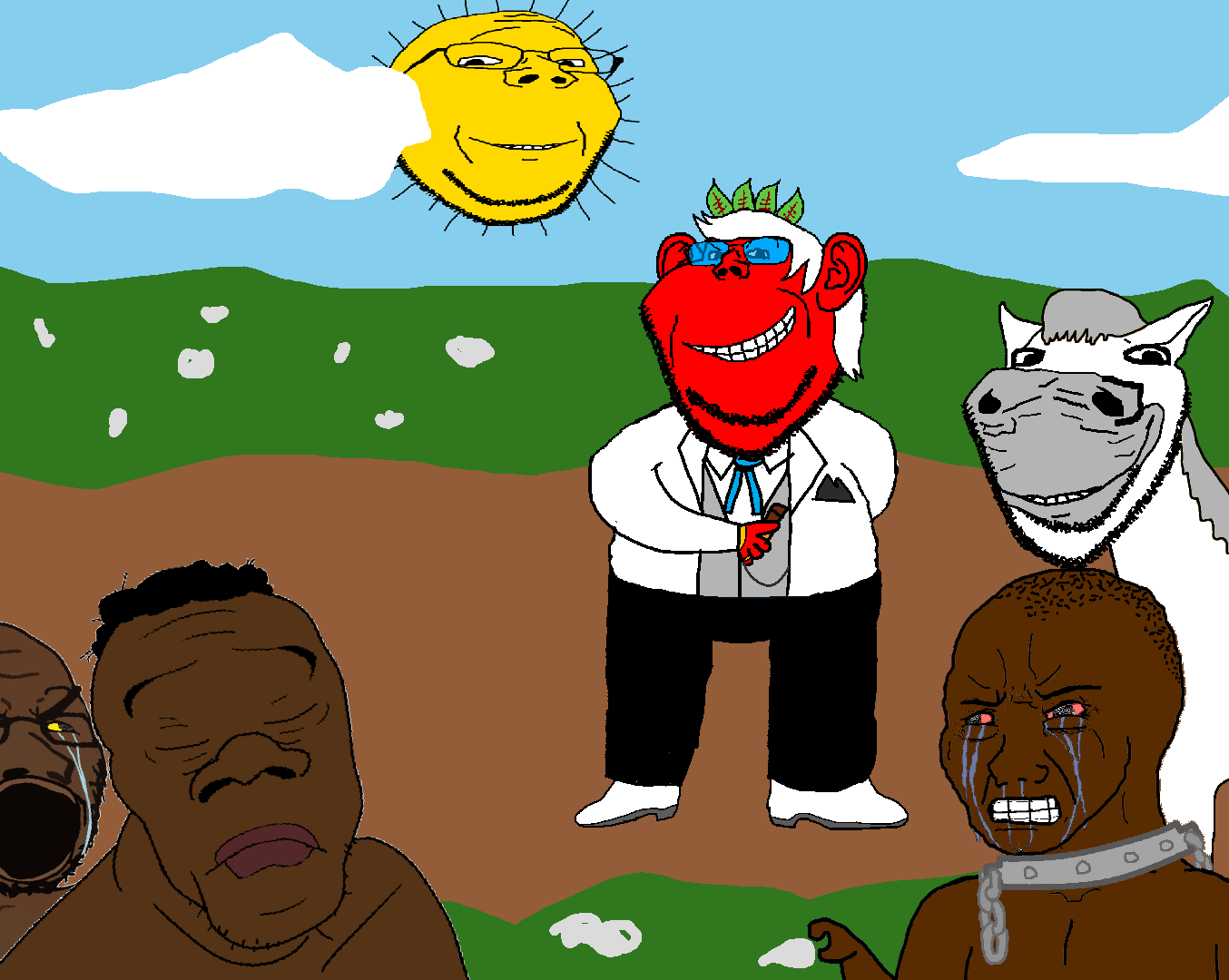 wojak, cryboy soyjak, feraljak, gapejak, impish soyak ears, feralnigger, impish horse, wholesome soyjak, 4soyjaks, admin