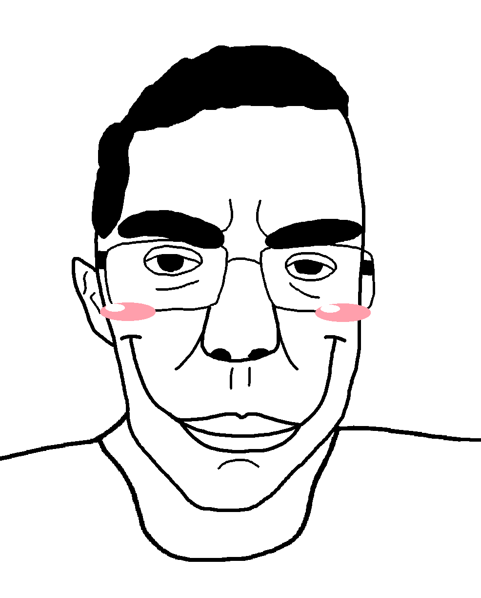 chudjak, patrick, big lips, black eyes, black hair, blush, cheeky, cheeky smile, closed mouth, glasses