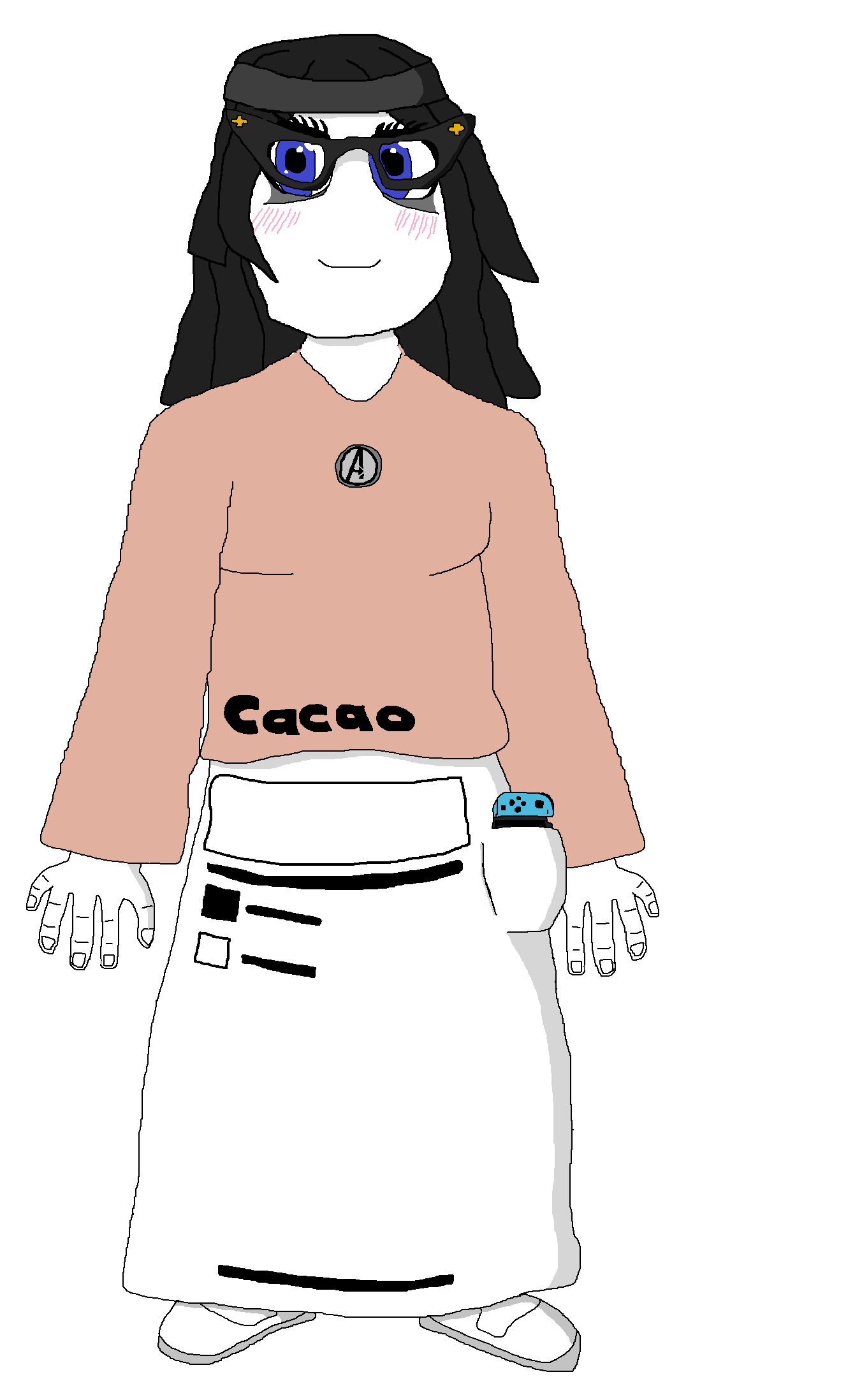 soytan, avengers, beanie, blue eyes, blush, closed mouth, clothes, dress, drink, eyelashes