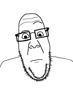 ppp, 1soyjak, bald, closed mouth, confused, forehead lines, front view, glasses, looking at you, raised eyebrow
