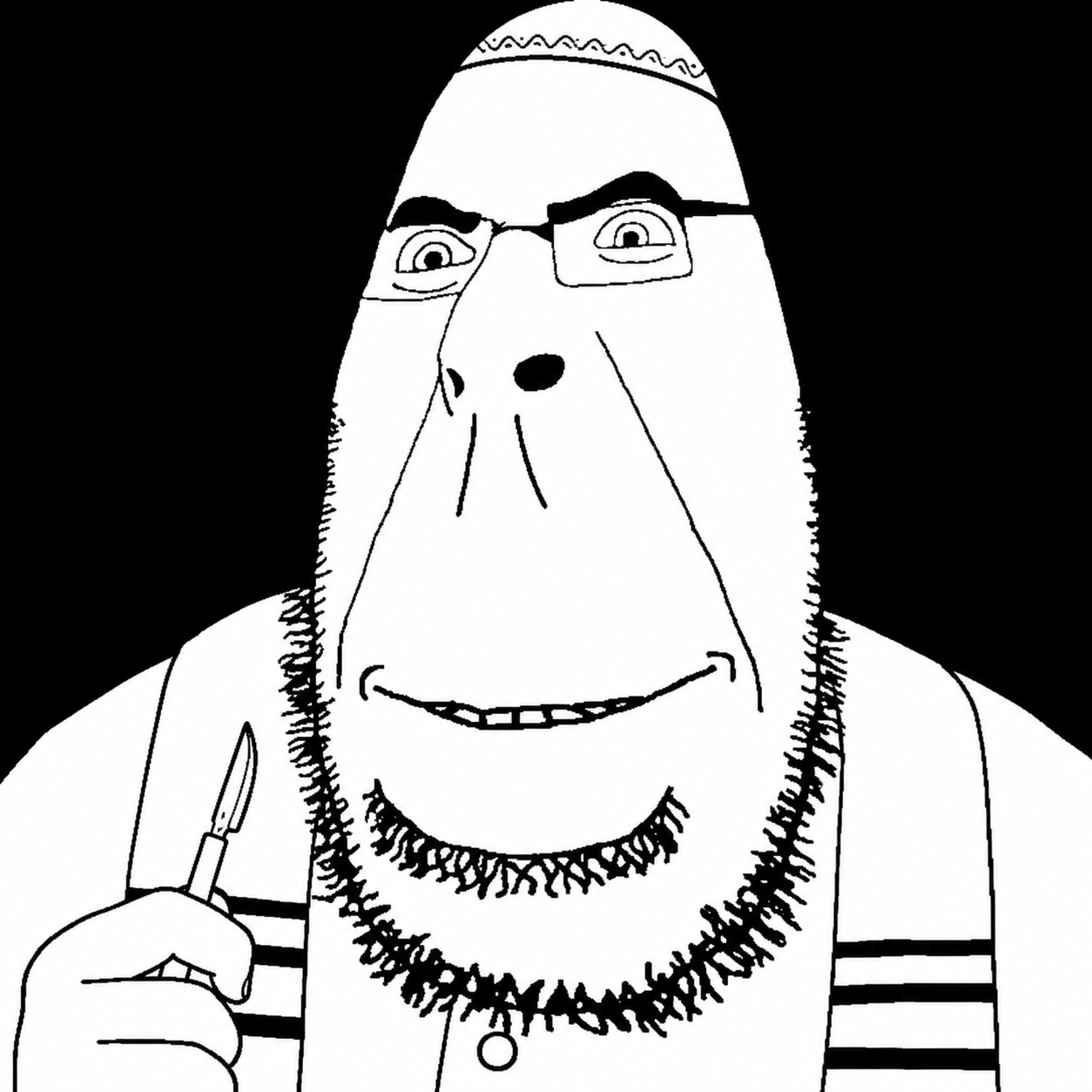cobson, black hair, closed mouth, glasses, hair, holding object, israel, jewish, knife, mohel