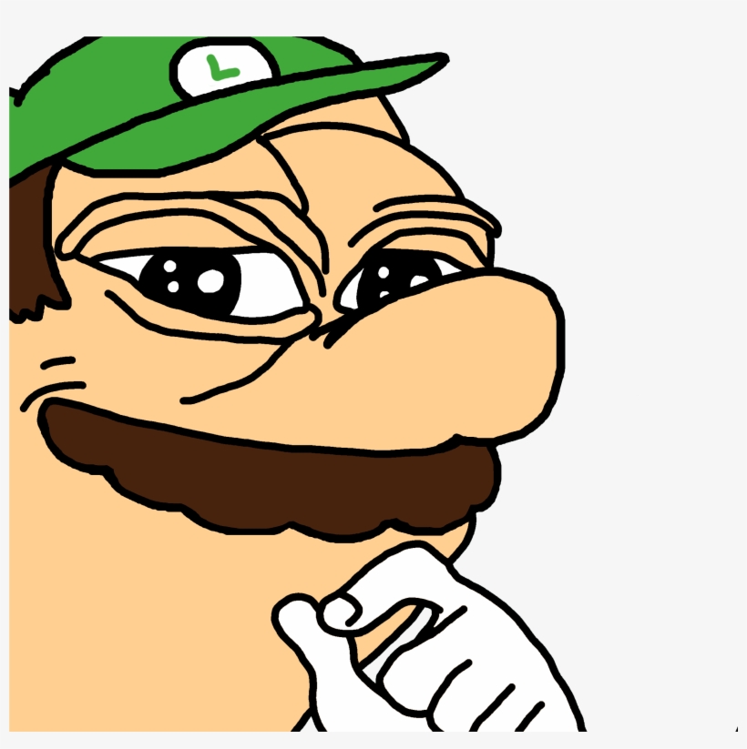luigi, pepe, smug pepe, brown hair, closed mouth, glove, green hat, hair, large nose, looking at you
