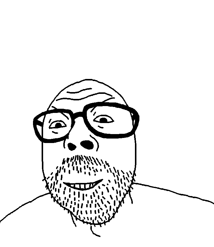 gyattjak, 1soyjak, bald, big nose, black eyes, evil, eyebrows, front view, glasses, half open mouth