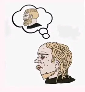 wojak, yes chad, blonde hair, hair, subhuman, thought bubble, white skin