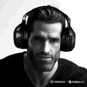 gigachad, animated, bleeding ear, blood, closed eyes, crying, crying blood, gray skin, headphones, listening