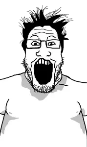 markiplier soyjak, black hair, body, clothes, fat, glasses, hair, monochrome, open mouth, spiky hair