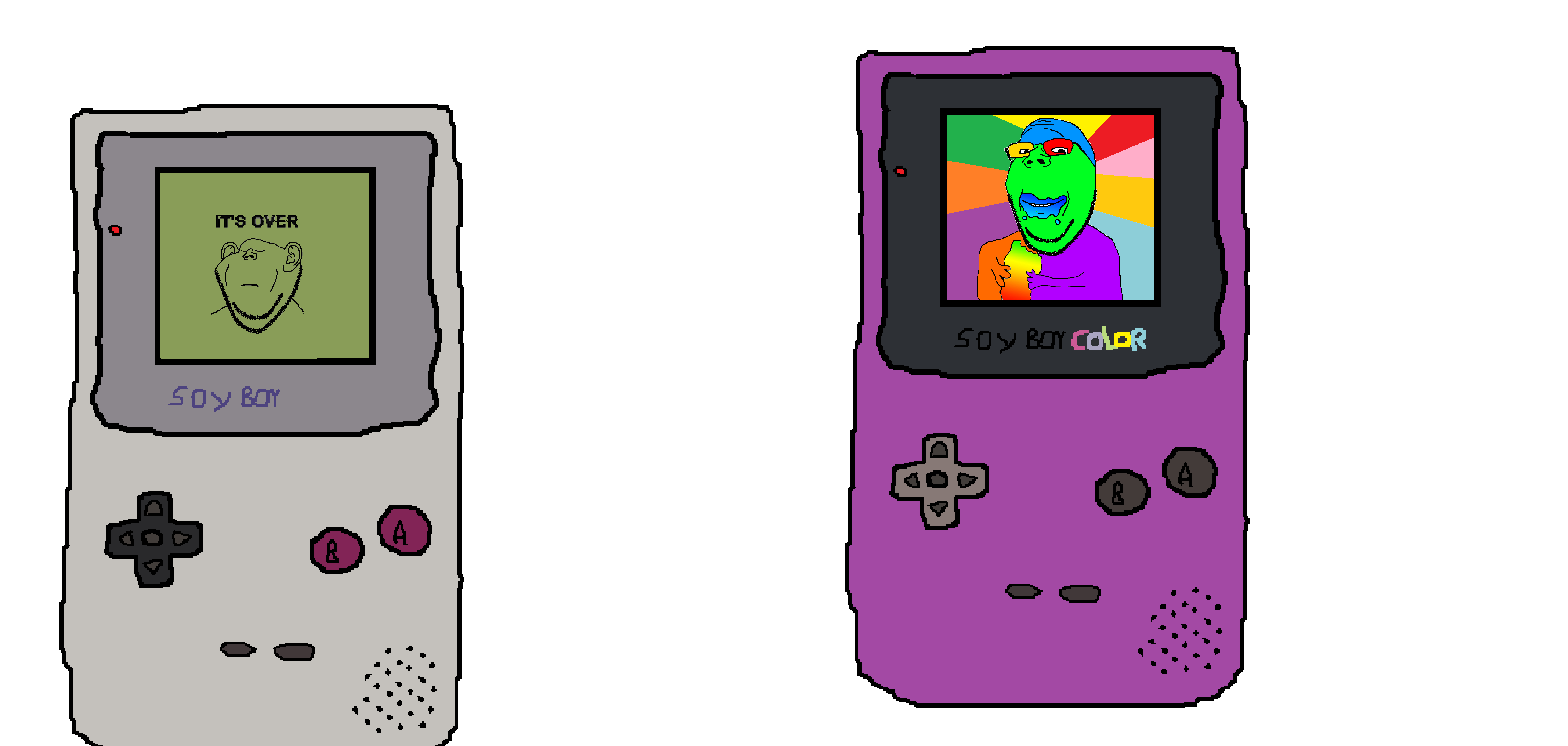gapejak, impish soyak ears, wholesome soyjak, colorjak, its over, 2soyjaks, arm, black and white, button, closed eyes