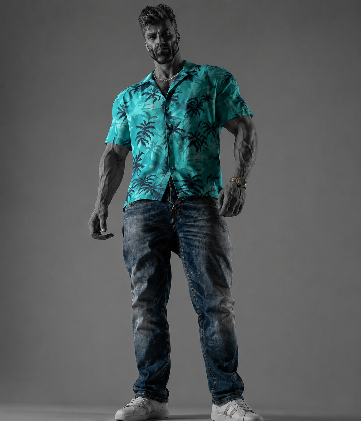 gigachad, tommy vercetti, vice city, blue shirt, chain, clothes, full body, gold watch, hair, hawaiian shirt