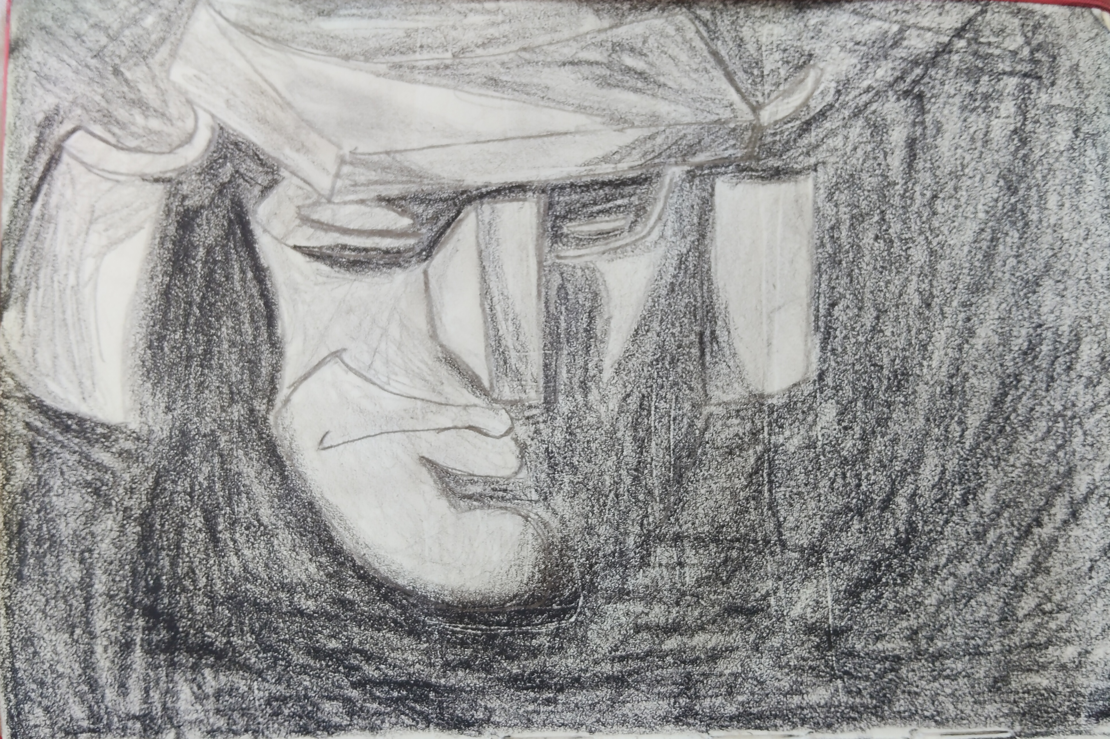 black background, cap, closed eyes, closed mouth, clothes, combat helmet, drawing, drawn background, frown, go nagai