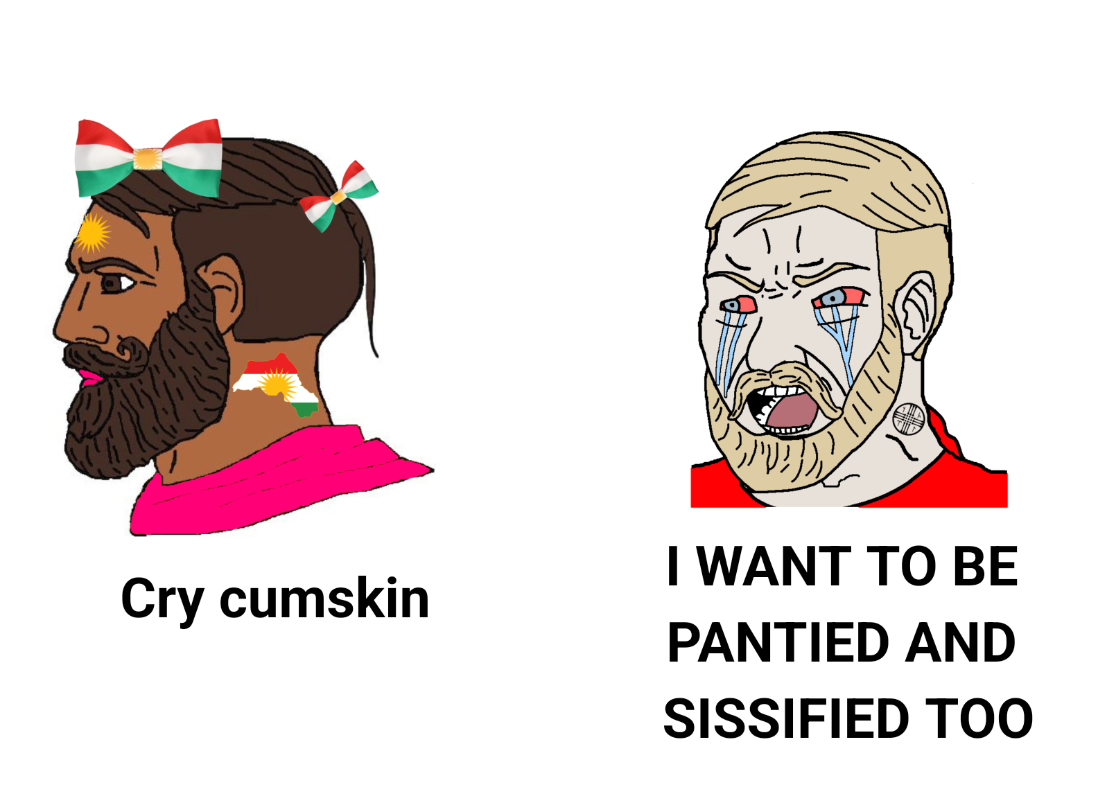 crying wojak, wojak, yes chad, it's based and christpilled, black hair, blonde hair, brown skin, crying, hair, kurd