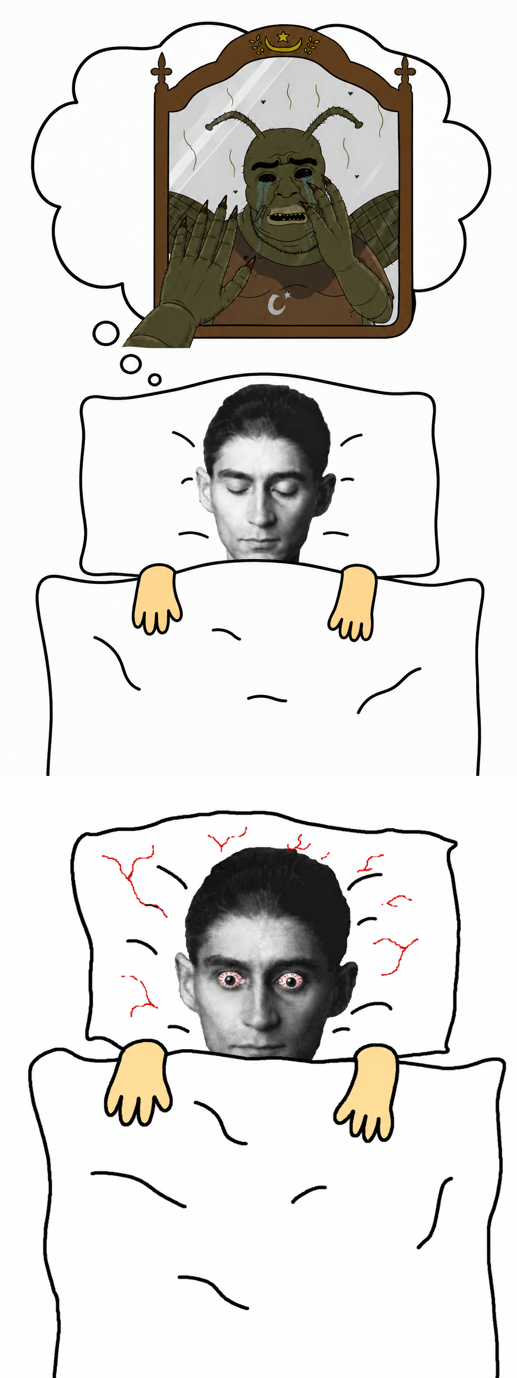 feraljak, 1soyjak, bald, bed, black eyes, brown skin, crying, dream, fat, franz kafka