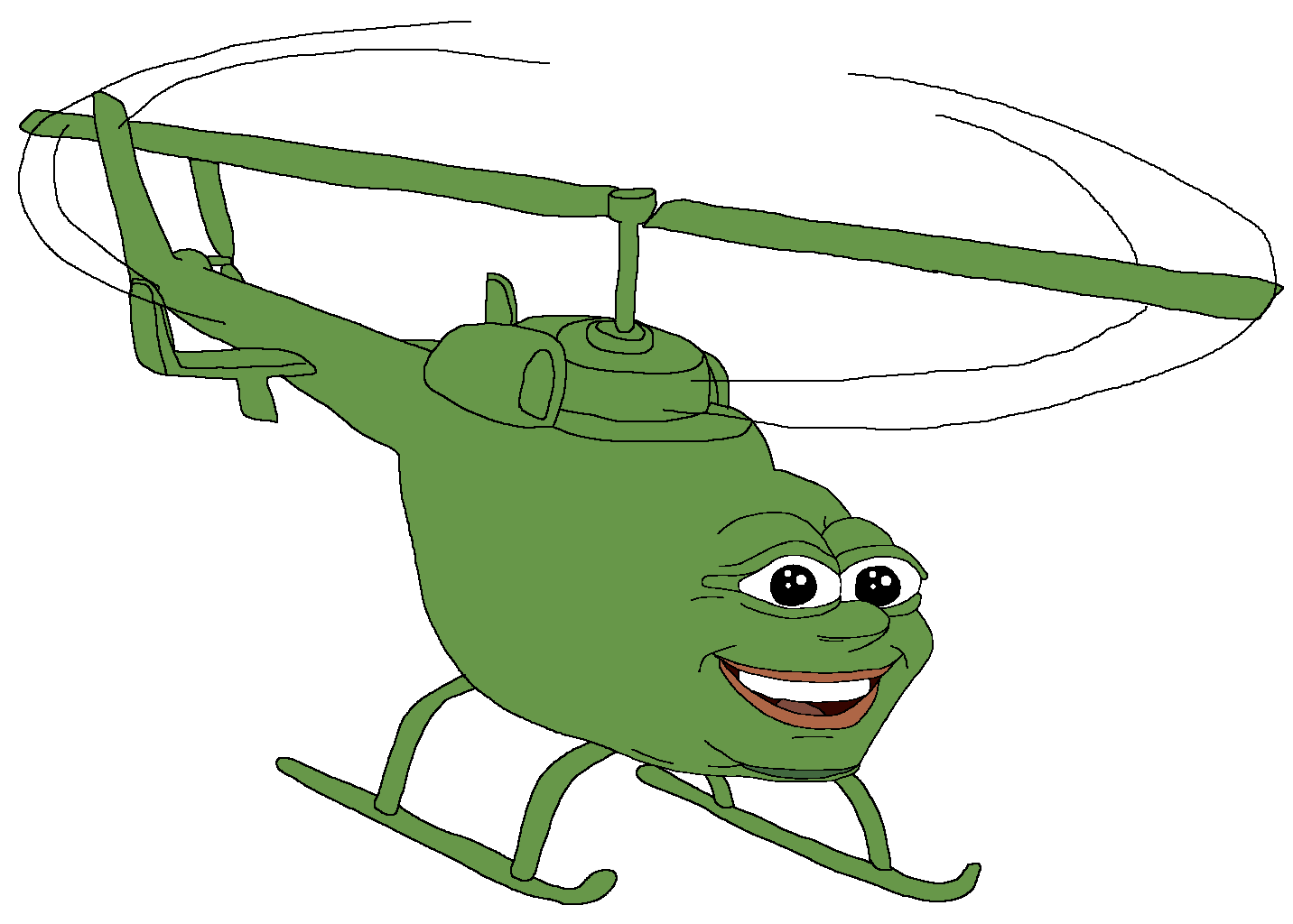 pepe, bald, big lips, black eyes, chin, full body, green skin, helicopter, helicopter blades, lips