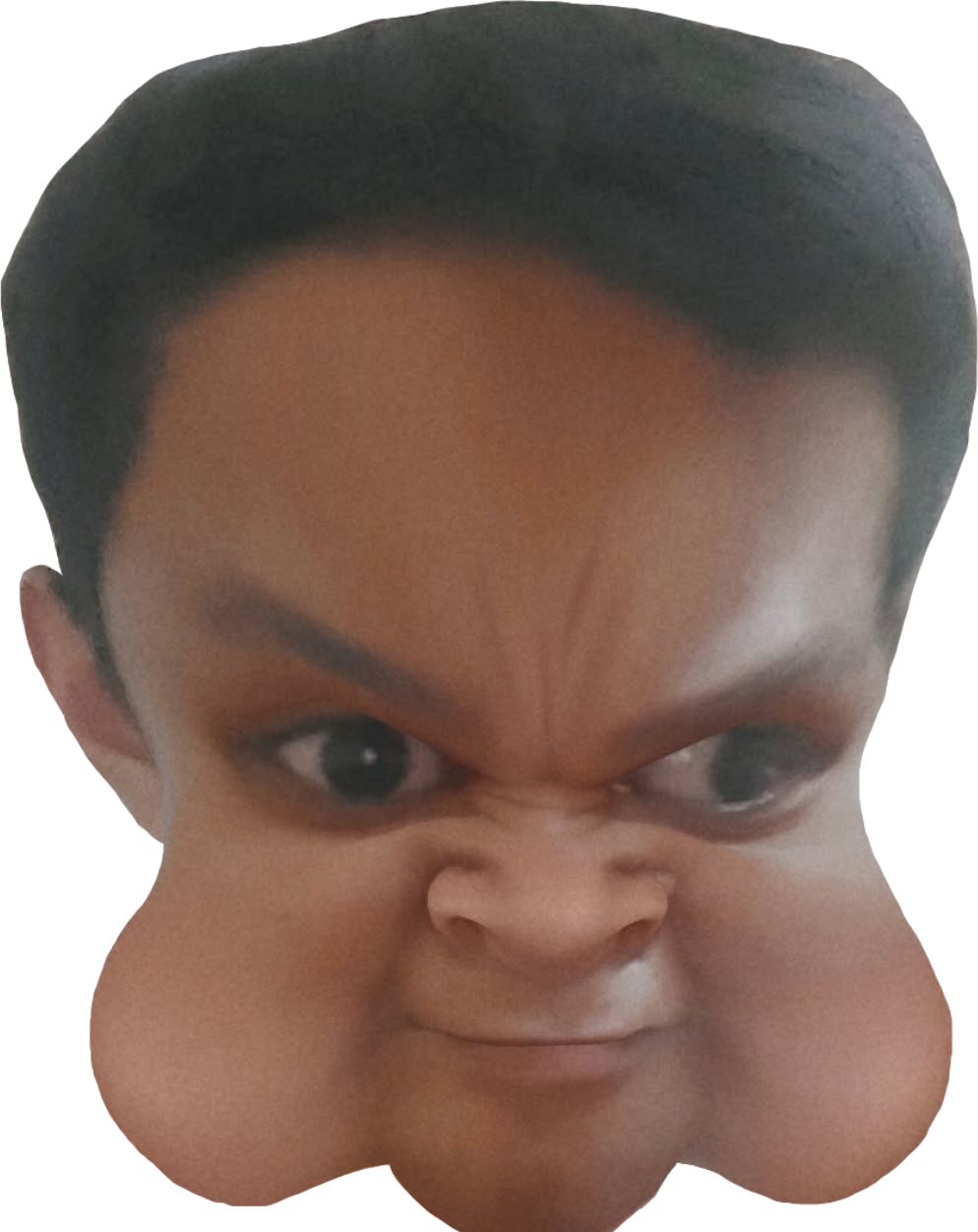 1nas, black hair, closed mouth, distorted, ear, evil, eyebrows, filter, front view, hair