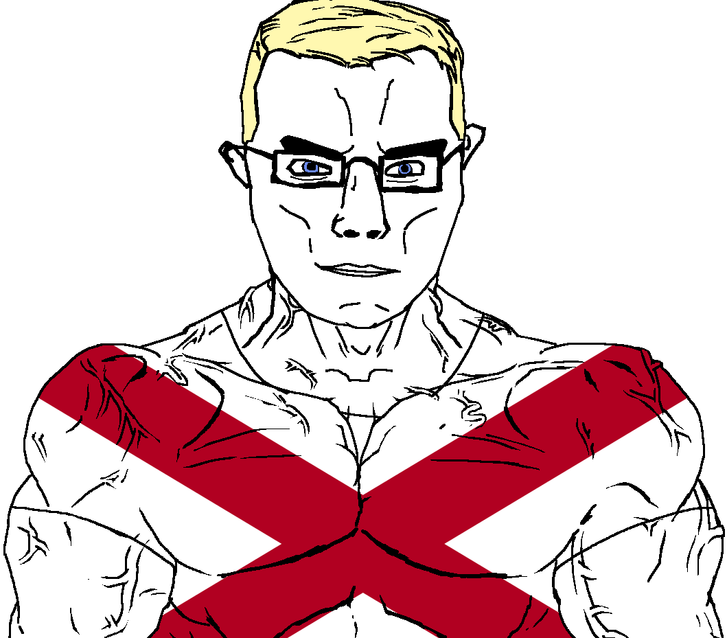 chudjak, chudjak front, muscular chud, 1soyjak, alabama, blonde hair, blue eyes, buff, front view, glasses