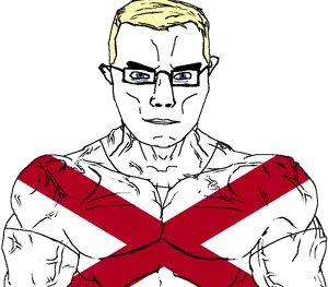 chudjak, chudjak front, muscular chud, 1soyjak, alabama, blonde hair, blue eyes, buff, front view, glasses