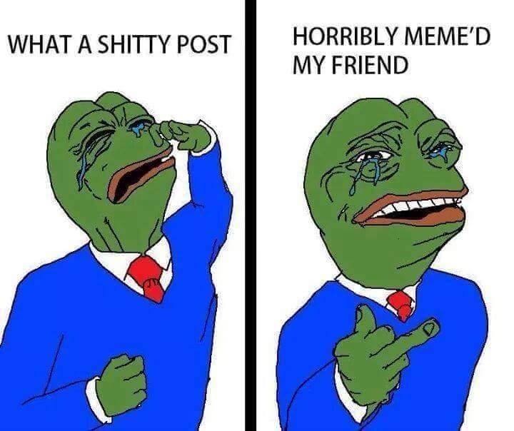 pepe, 2nas, amphibian, animal, arm, black text, blue shirt, blue suit, clothes, crying