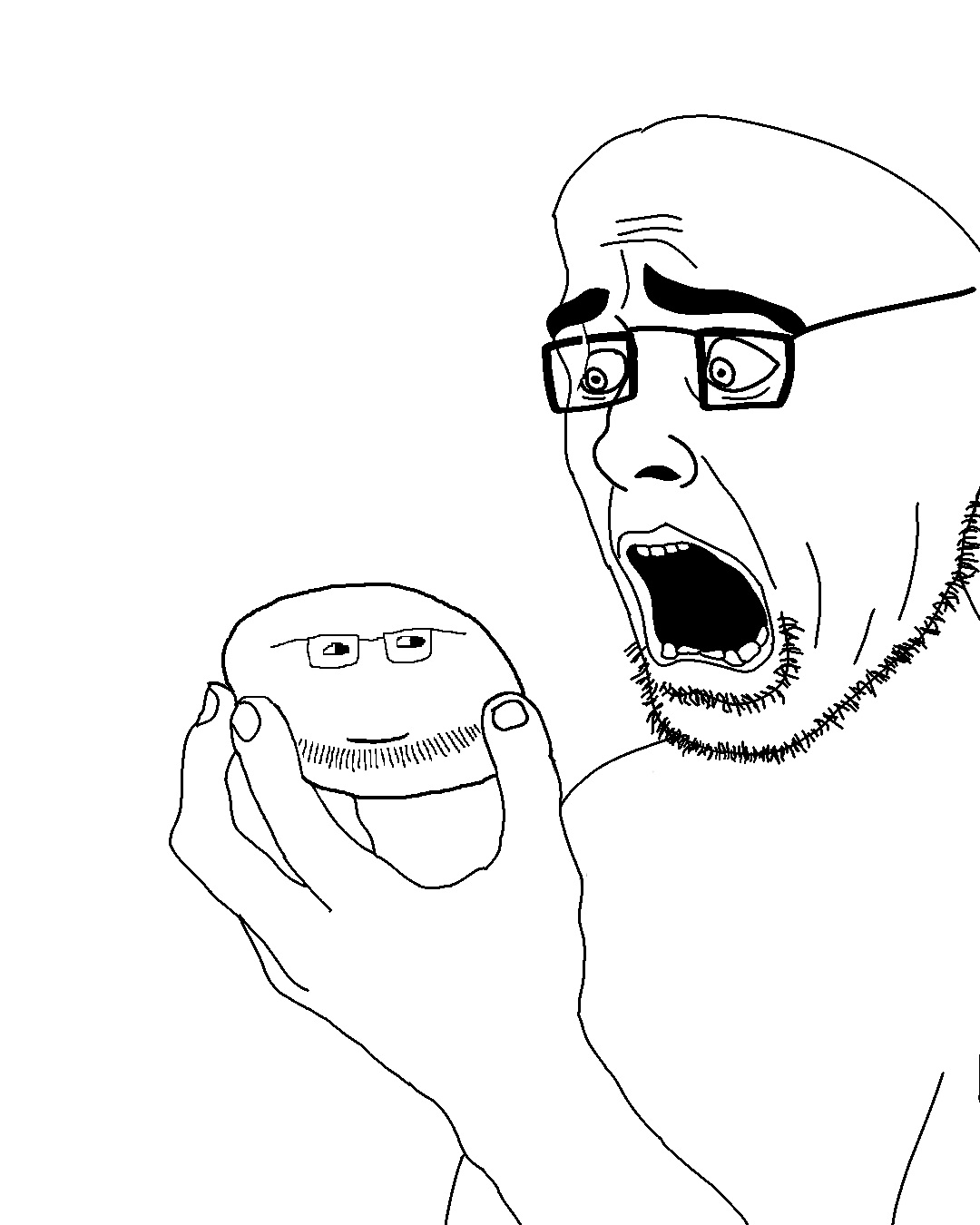 doughjak, talkingballsoyjak, 2soyjaks, arm, bald, black eyes, closed mouth, dough, front view, full body
