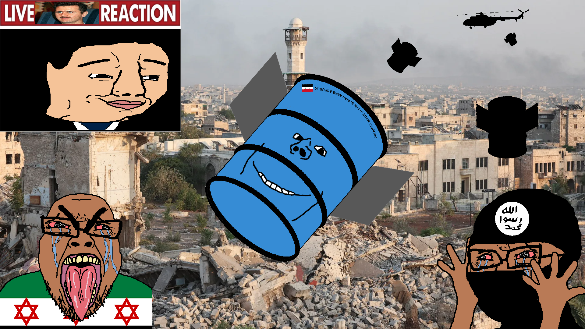 bernd, chudjak, cryboy soyjak, impish soyak ears, 4soyjaks, aleppo, balaclava, bald, barrel, barrel bomb