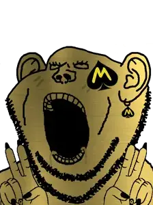 impish soyak ears, impishslut, 1soyjak, bald, blush, drool, front view, gold, looking up, no glasses