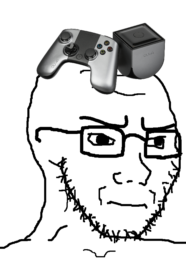 soyak, soyak (irritated), 1soyjak, bald, black eyes, closed mouth, controller, frown, gaming console, glasses