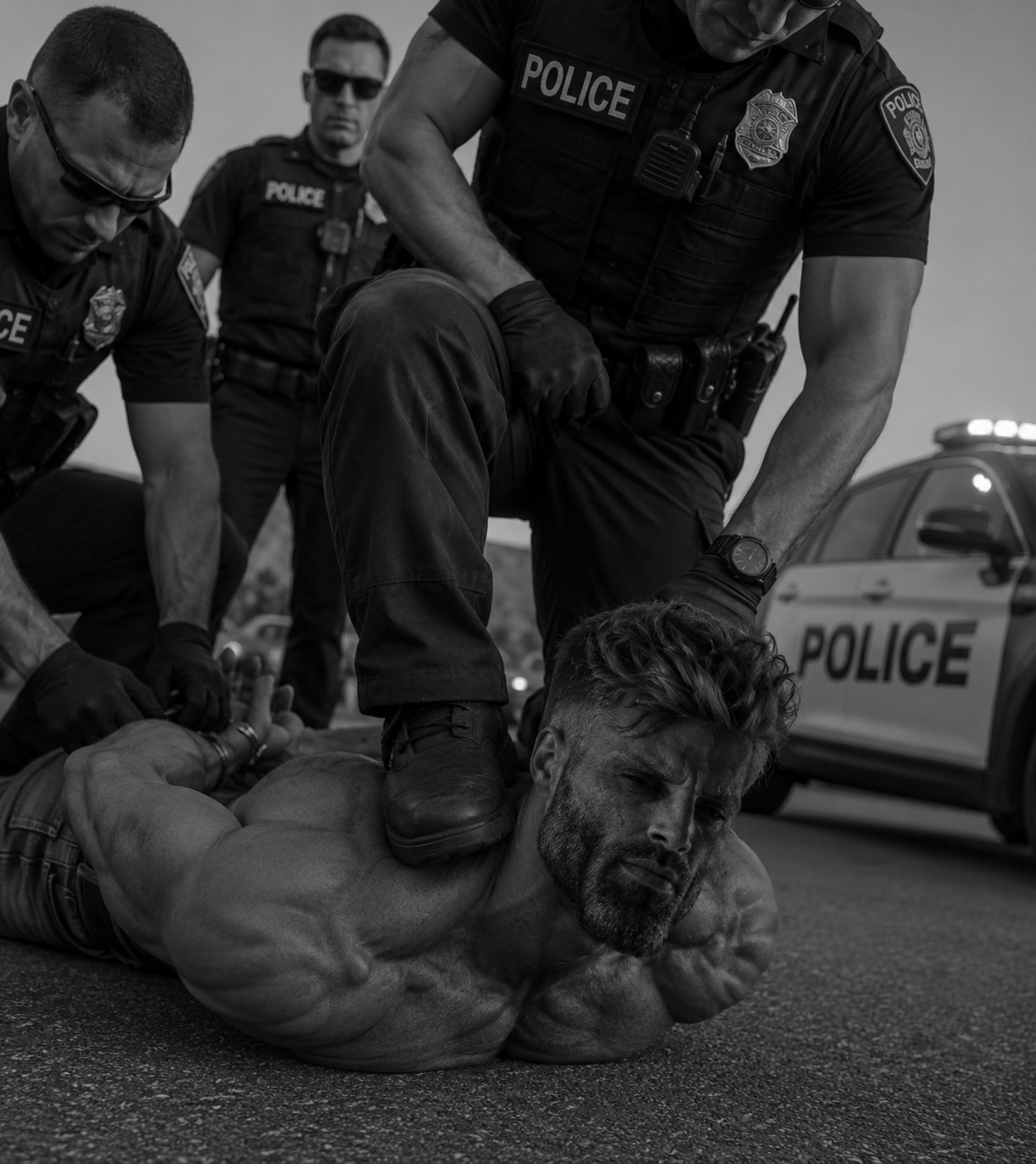 george floyd, gigachad, abuse, animal, arrest, arrested, badge, beard, black eyes, black hair