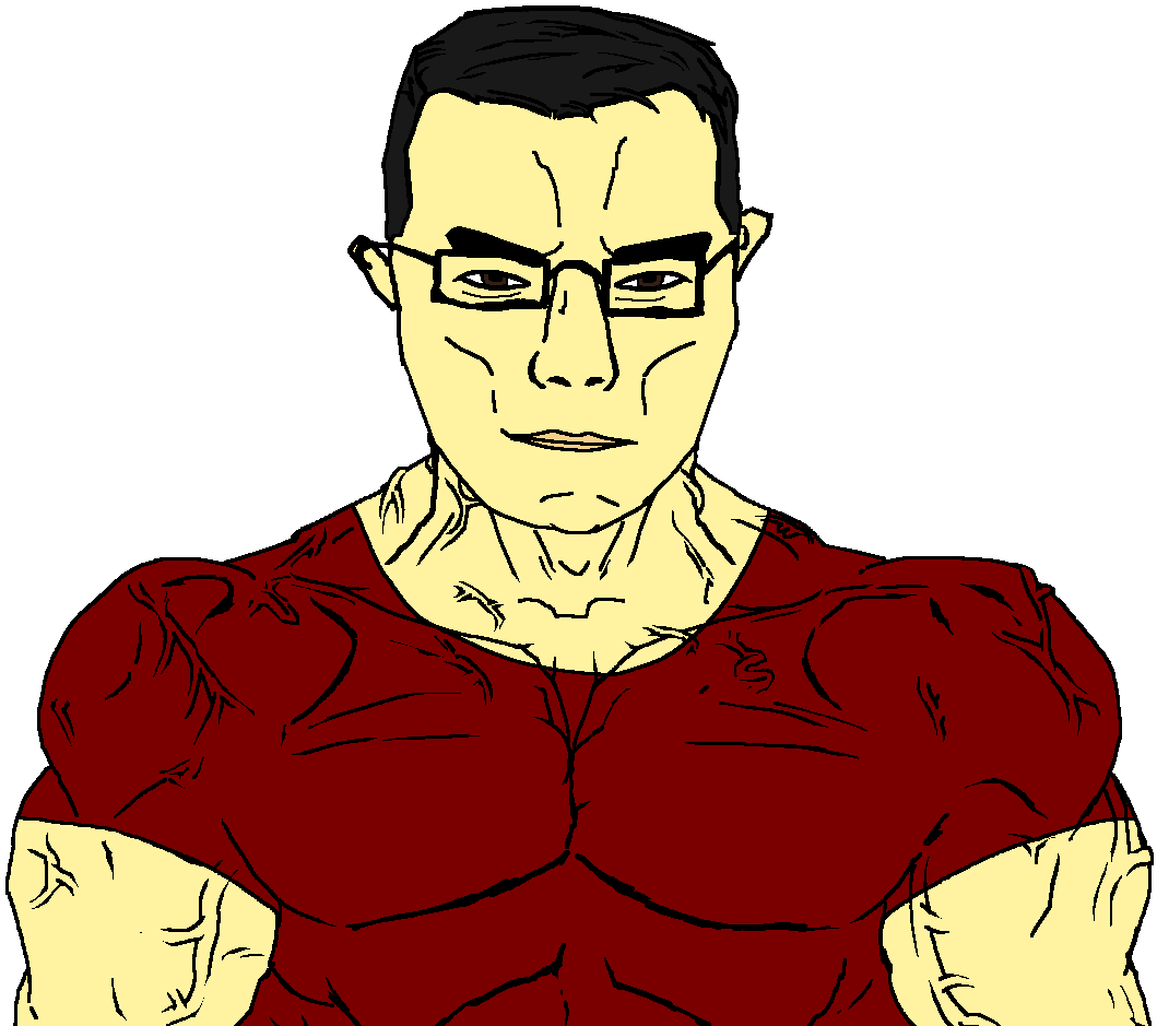 chudjak, chudjak front, muscular chud, arm, asian, black hair, buff, bushy eyebrows, closed mouth, clothes