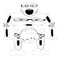 a24 slowburn soyjak, gapejak, james youniverse, markiplier soyjak, two pointing soyjaks, wholesome soyjak, cleavage, closed eyes, closed mouth, full body
