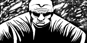 black and white, buff, closed mouth, drawn background, frank miller inspired, front view, hair, half closed eyes, neutral, no beard