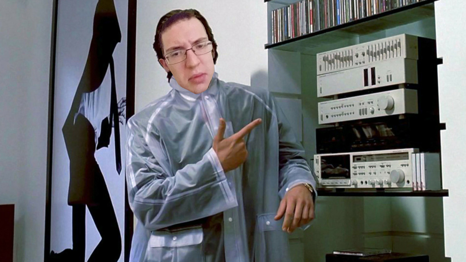 patrick bateman, chudjak, patrick, irl soyjaks, 1soyjak, brown hair, closed mouth, front view, frown, glasses