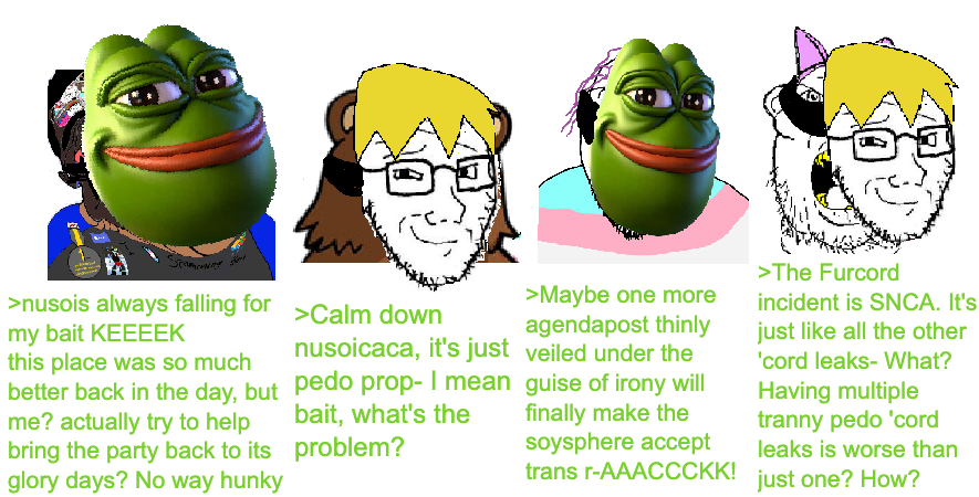 nate higgers, pedobear, pepe, bernd, chudjak, jartycuck, patrick, troonjak, natejak, 'toss