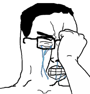 chudjak, clenched teeth, closed eyes, crying, fist, glasses, hair, hands, lips, soyjak