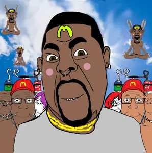 a24 slowburn soyjak, cobson, gapejak, wholesome soyjak, black skin, chains, closed mouth, clothes, drinking hat, ear