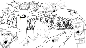 shroomjak, wojak, soyfish, two pointing soyjaks, 2soyjaks, clothes, cloud, drawn background, forest, glasses