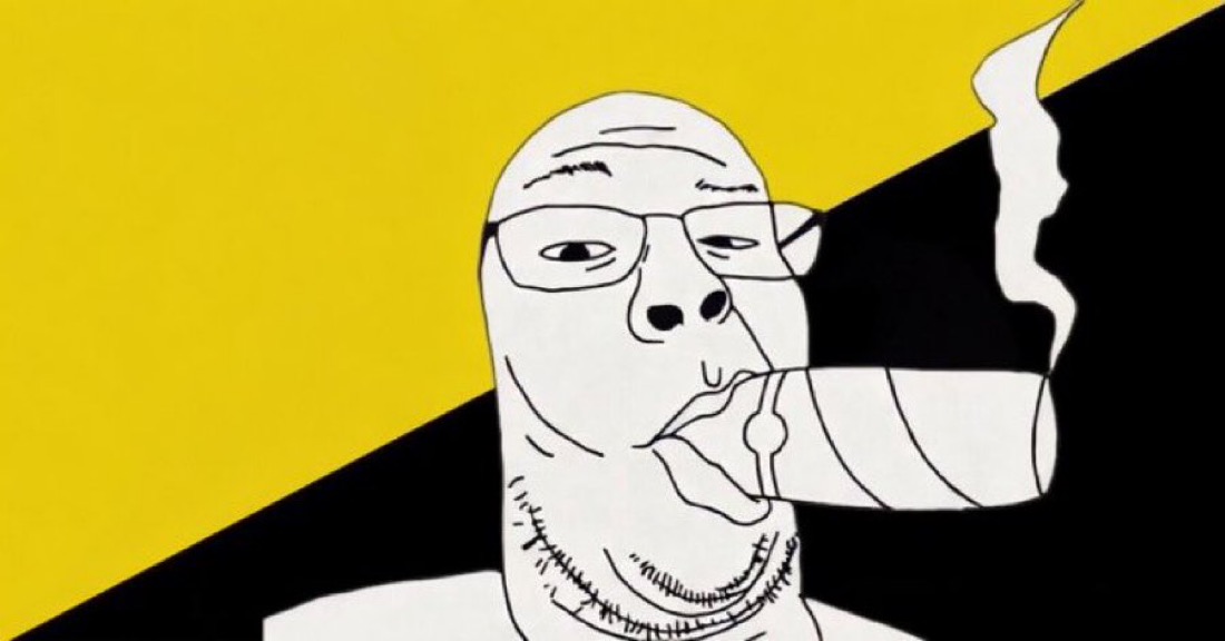 suckinjak, 1soyjak, bald, black eyes, cigar, cigarette, closed mouth, looking at you, neutral, open eyes