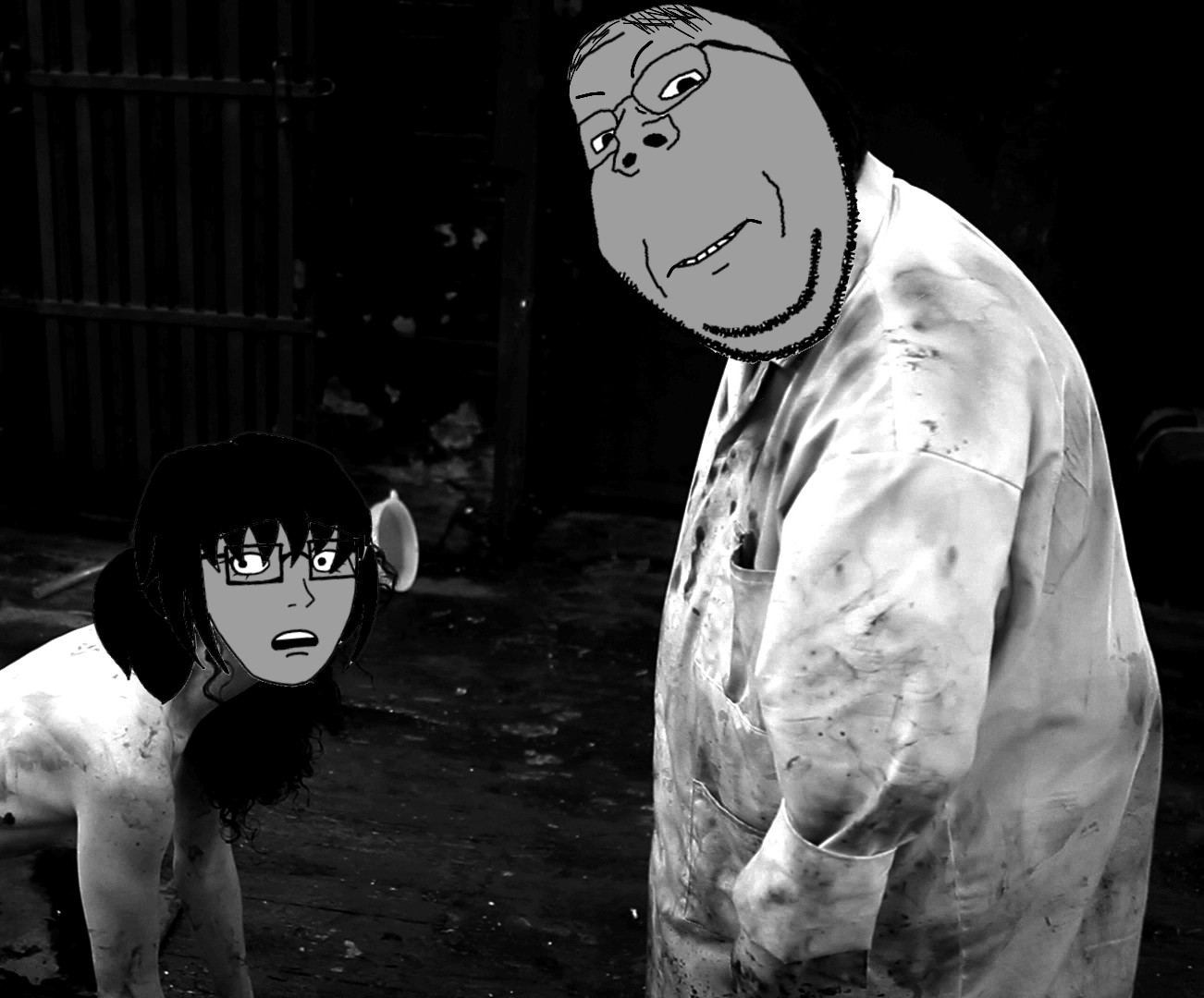 gapejak, soyak, female soyak, wholesome soyjak, femjak, 2soyjaks, bald, black hair, body horror, brown hair