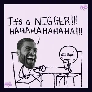 gigachad, 1nas, beard, black hair, buff, gray skin, hair, laughing, nigger, open eyes