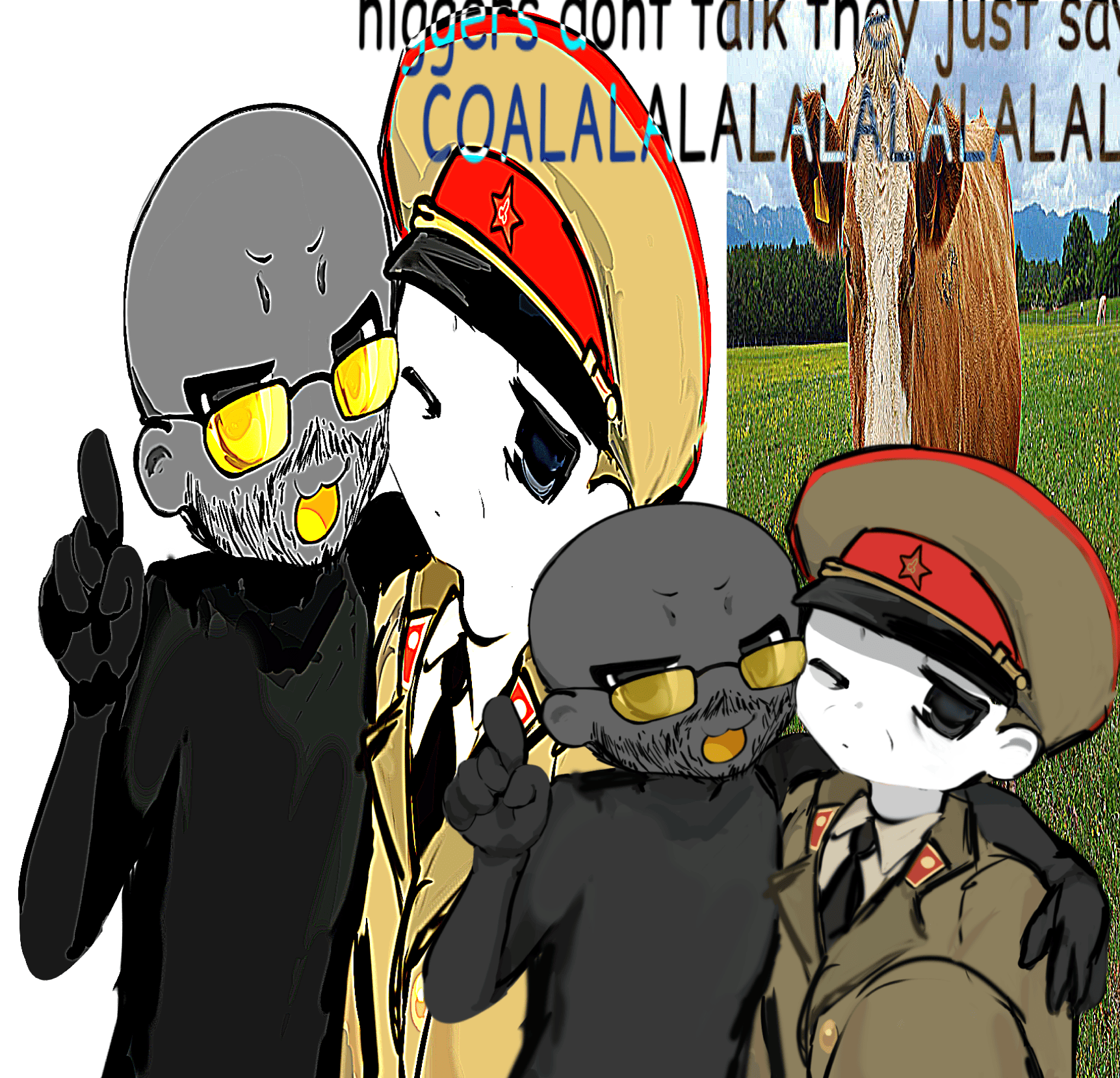 shemmysloota, nigger cow, soyak, animal, bald, black skin, closed mouth, clothes, cow, english text